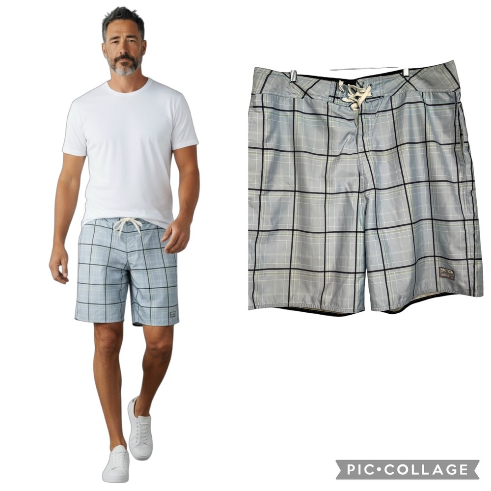 Nautica Men's Plaid Swim Trunks Board Shorts‎ Blue 41 (3112)